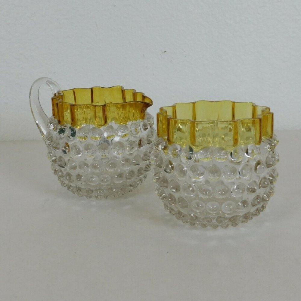 Hobbs Brockunier Dew Drop Hobnail Clear Yellow Glass Cream Sugar Set 4 in tall
